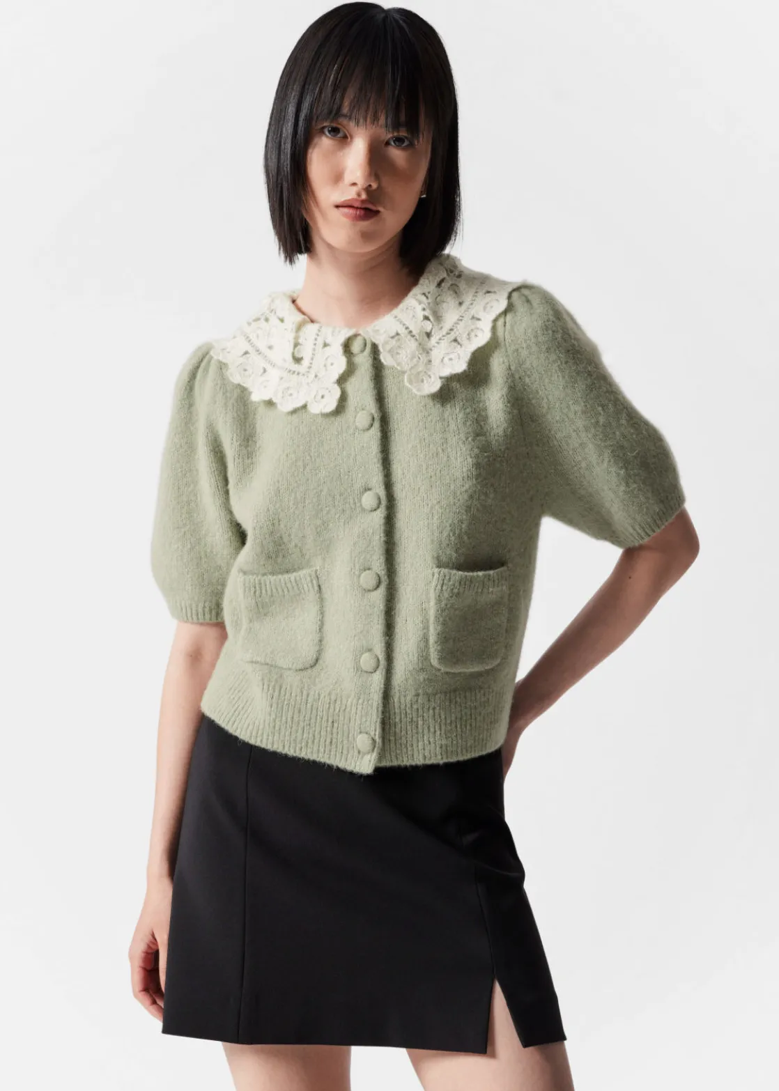 Crochet-Collar Knit Cardigan